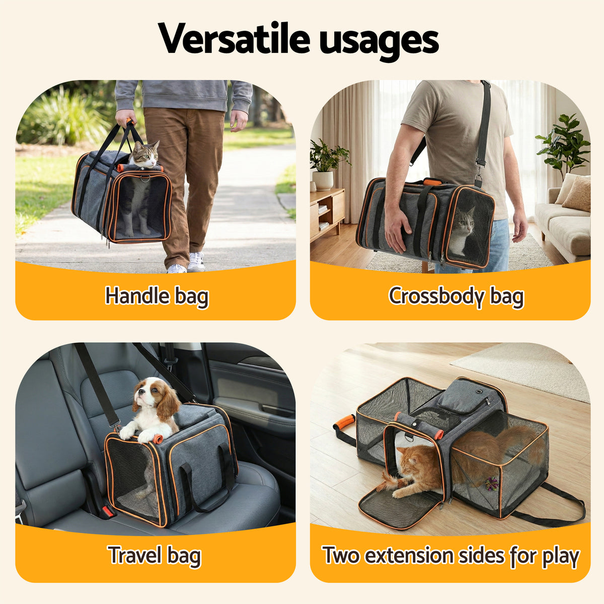 Expandable Pet Carrier Bag – Grey & Orange