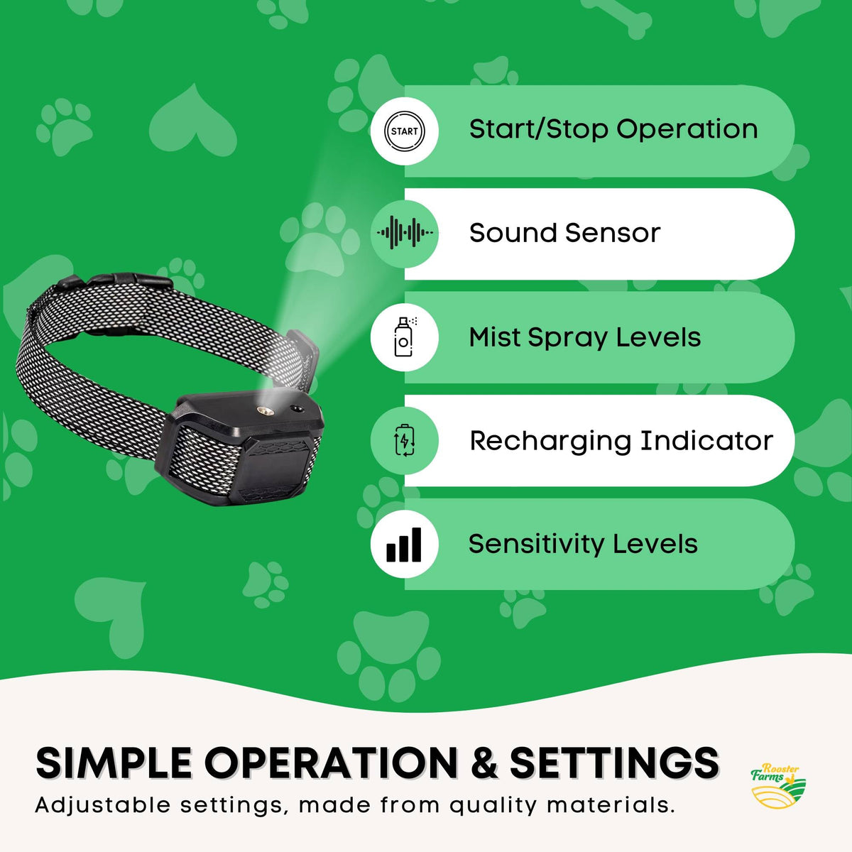 Rooster Farms Bark Training Collar – Citronella & Sound, Rechargeable