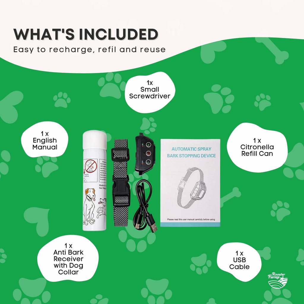 Rooster Farms Bark Training Collar – Citronella & Sound, Rechargeable