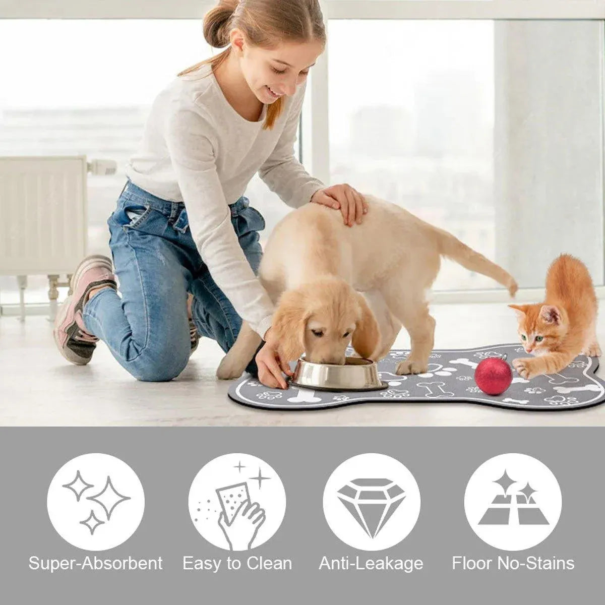 Absorbent Pet Feeding Mat – Black, 60x90cm
