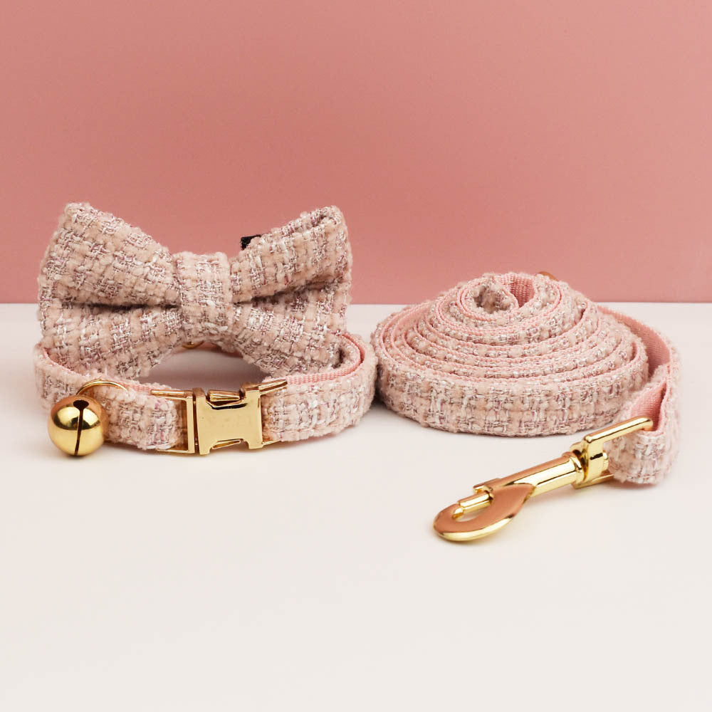 Tweed Collar & Leash Set with Bow Tie – Pink, S