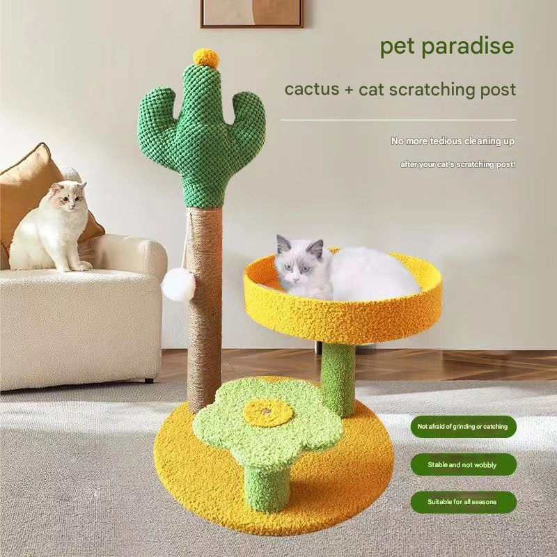 Cactus & Pineapple Cat Tree with Scratching Post & Perch – Yellow