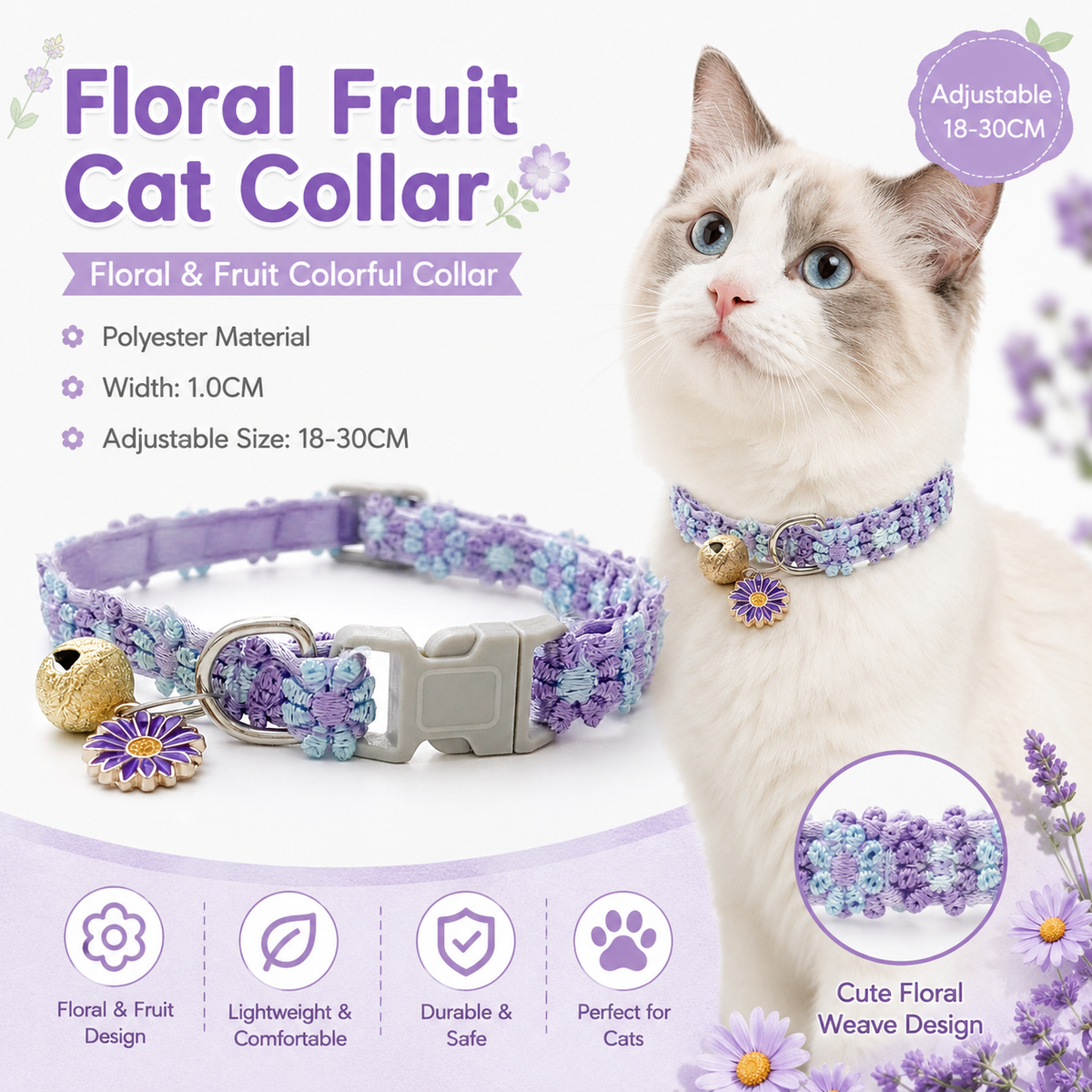 Floral Lace Cat Collar with Bell – Purple