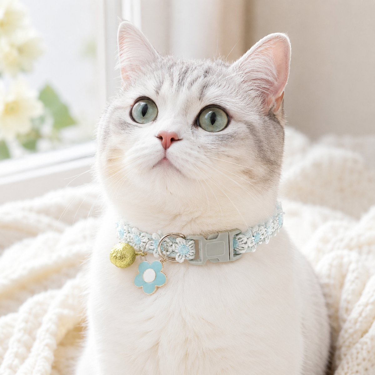 Floral Lace Cat Collar with Bell – Blue